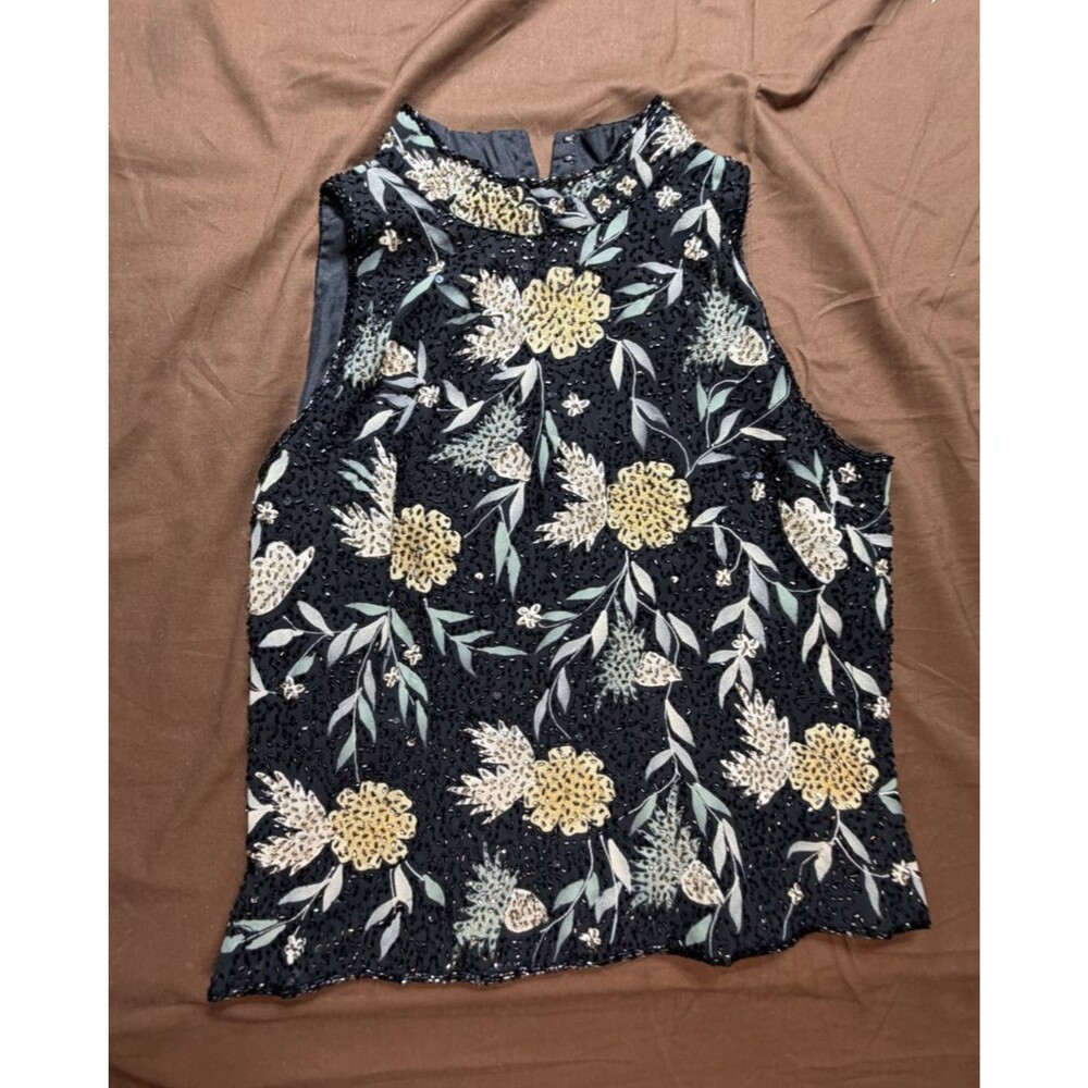 JKara New York Women's XL Black Beaded Floral Sequin Sleeveless Cocktail Top